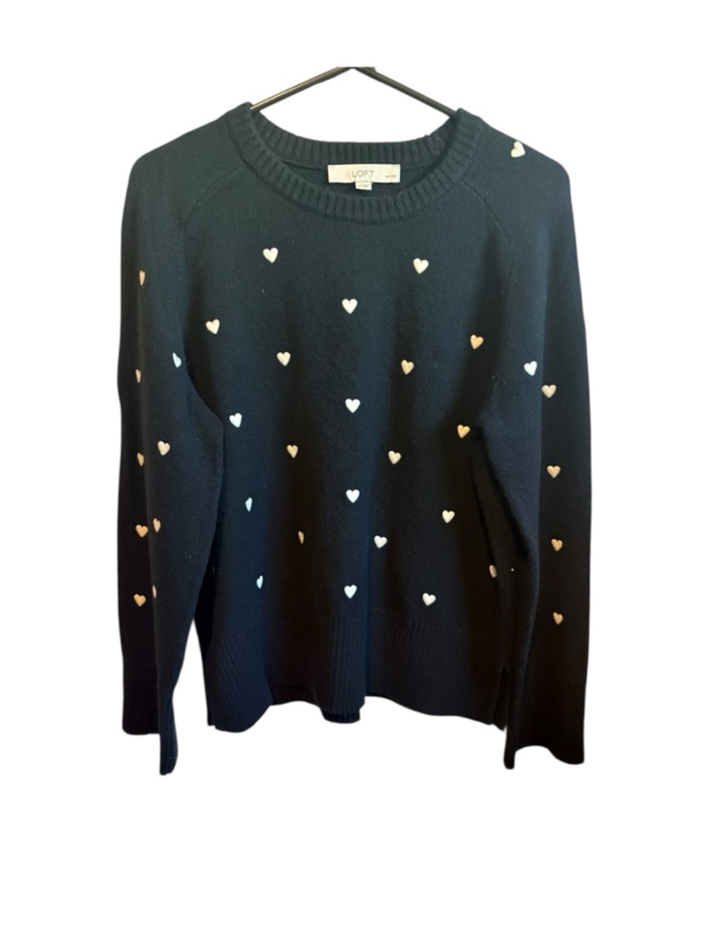 LOFT Navy Crewneck Sweater with Scattered Cream Hearts